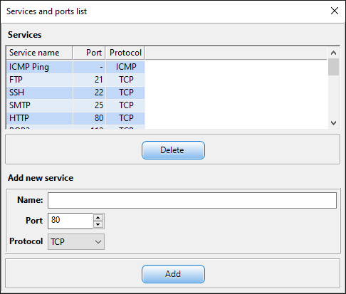 Services and ports list dialog with the built-in service catalogue