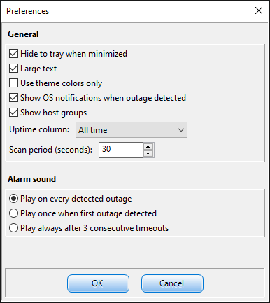 Preferences dialog showing general options and alarm sound modes